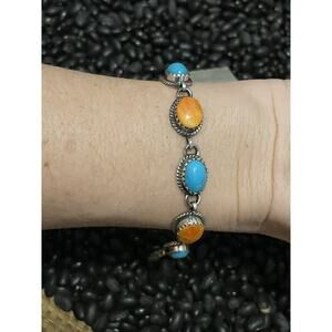 Native American SW Sterling Silver Orange Spiny & Turquoise Multi-stone Bracelet